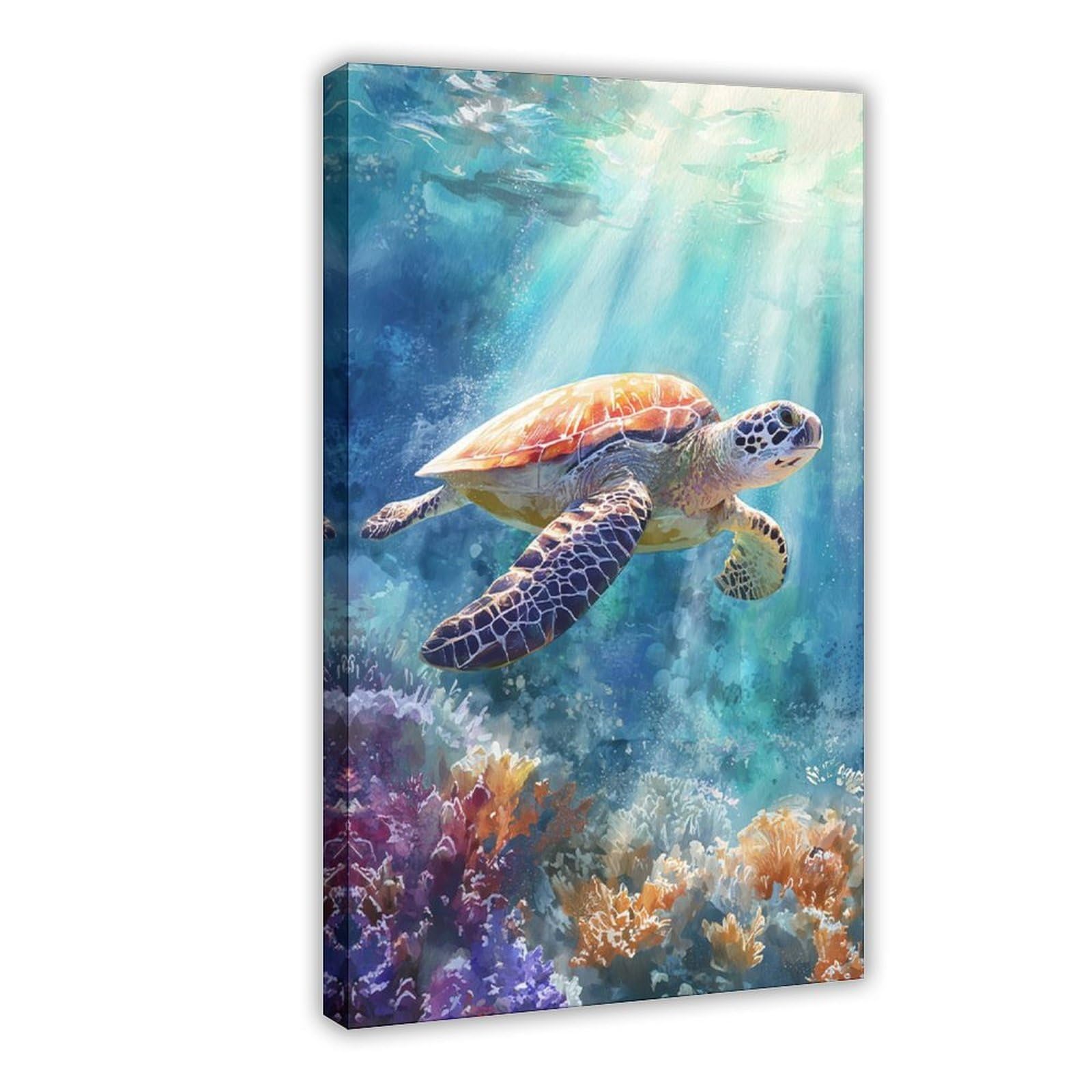 QNVJQKDSI Sea Turtle Swimming in Coral Reef, Ocean Wildlife Art (1) Canvas Poster Wall Art Decor Print Picture Paintings for Living Room Bedroom Decoration 24" L X 36" W