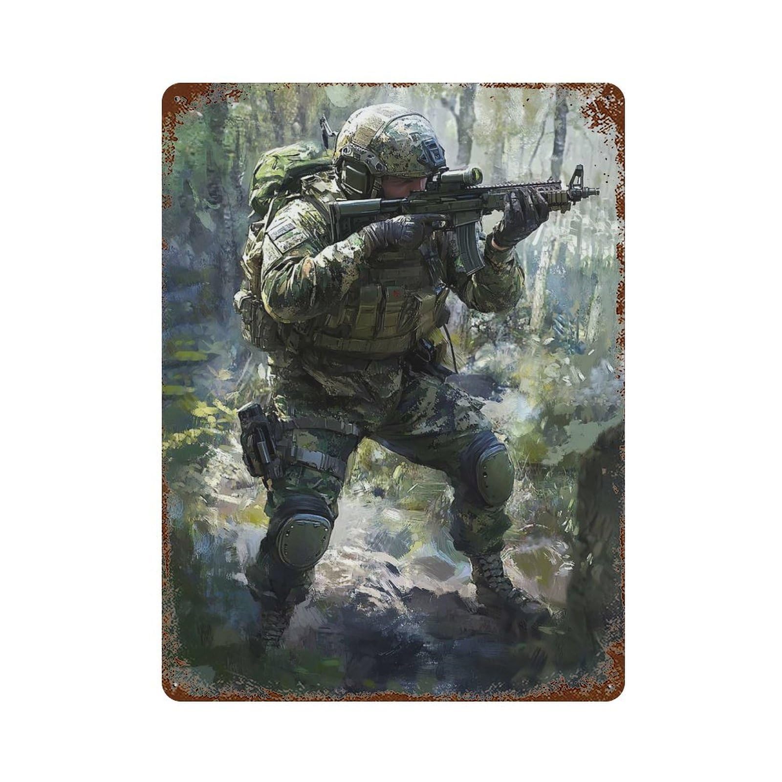 Vintage Rust Metal Sign with Camouflaged Soldier in Forest Design 15.7"x11.8", for Garage, Bar And Workshop Decor, Retro Wall Decor