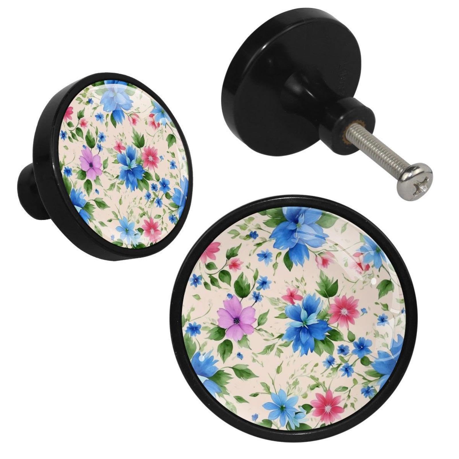 NUEAHEDN 4 PCS Aesthetic Colored Flowers Cabinet Knobs, Bathroom Drawer Pulls Handles, Round Dresser Knobs Door Knobs for Kitchen Cupboard Nursery Wardrobes