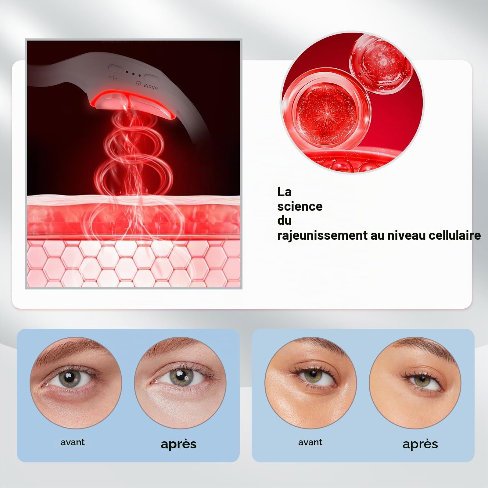 Yeux - Lunettes de thérapie à la lumière rouge avec 3 niveaux de micro-courant - Appareil de beauté revitalisant pour les cernes, les ridules et les rides - Soulage la fatigue oculaire