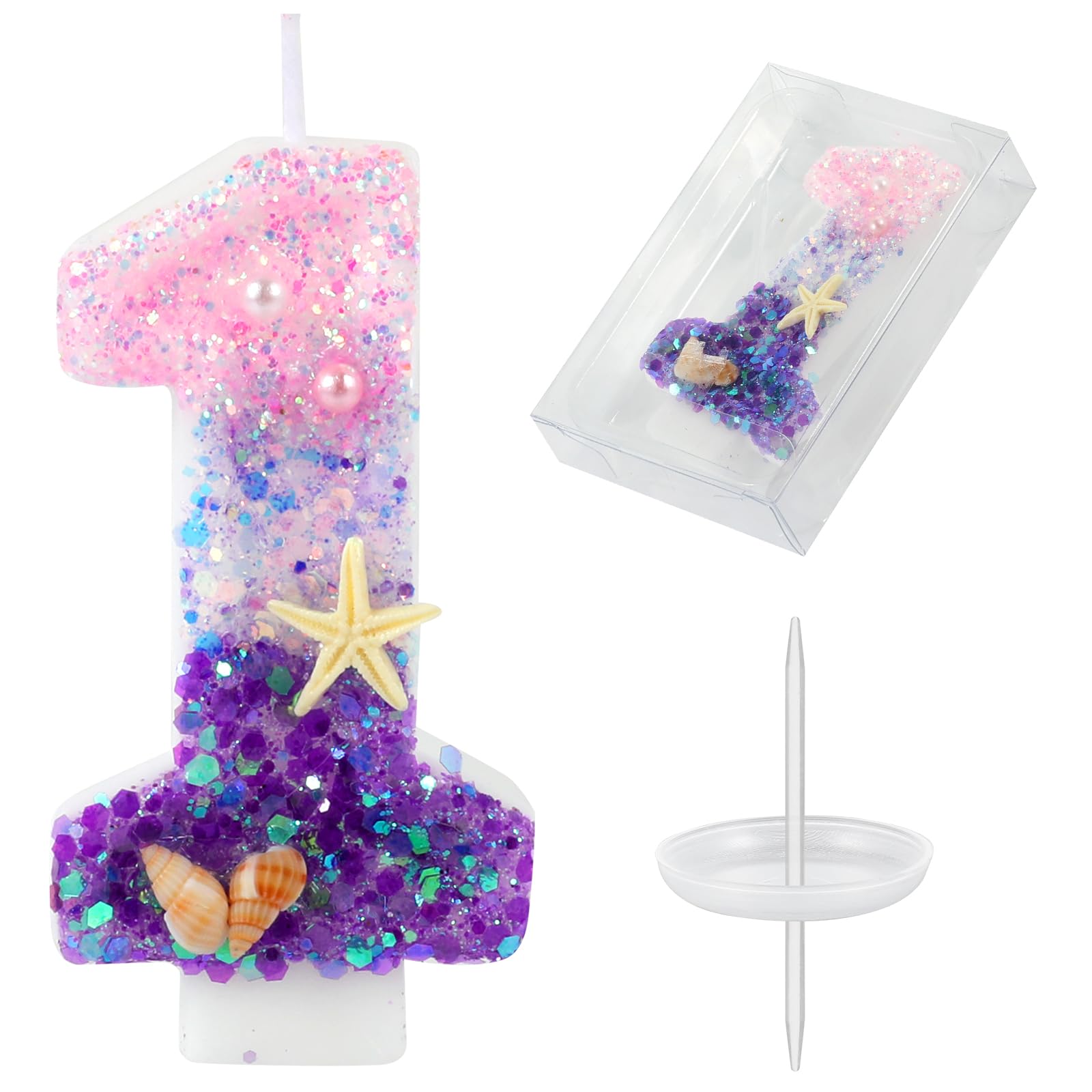 Velas de cumpleaños, velas rosas y moradas del número 1 decoradas con caracolas, estrellas de mar y perlas para decoración de tartas de fiesta temática de sirena (número 1)