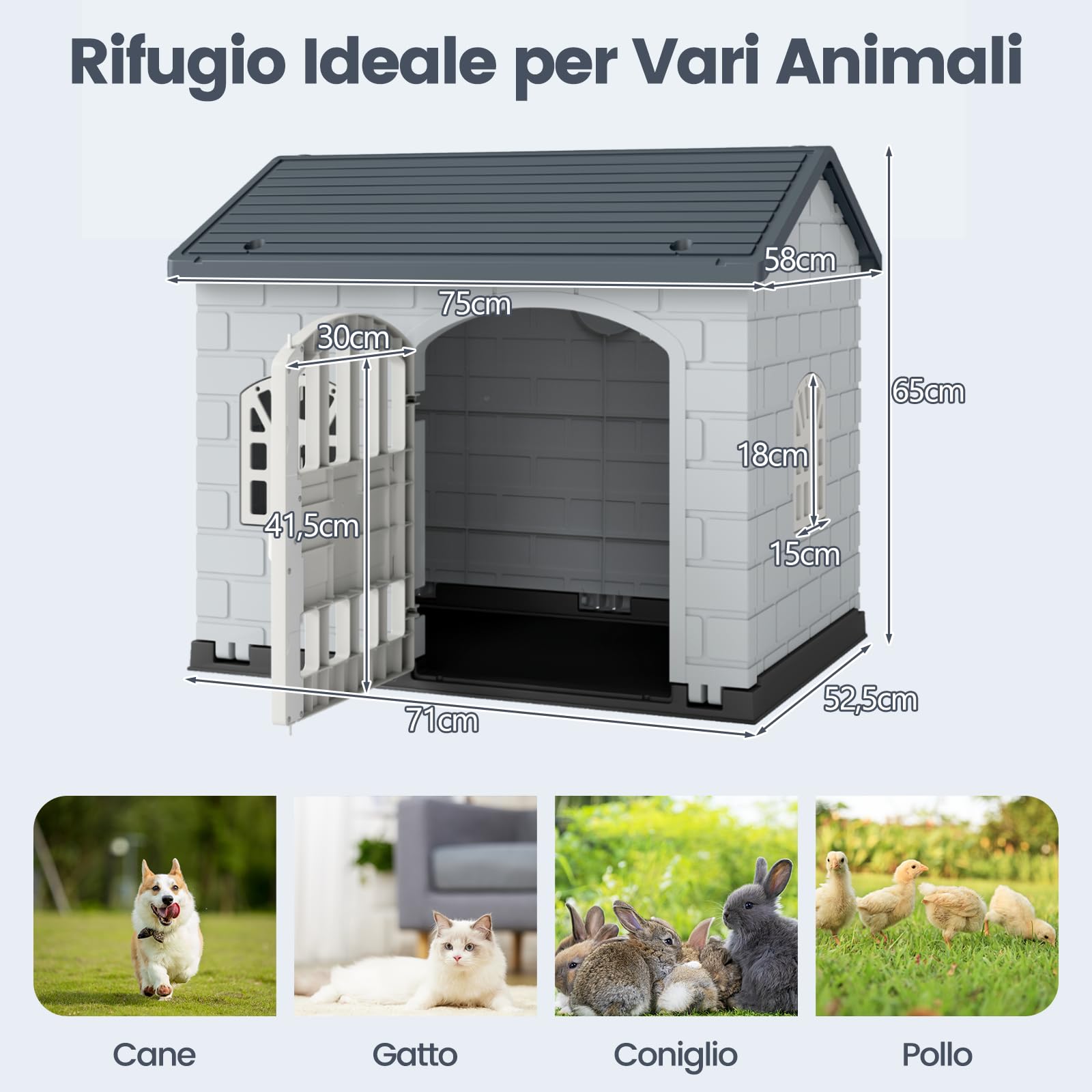 COSTWAY Cuccia per Cani da Esterno ed Interno, Casetta per Cani con Porta Bloccabile, 3 Finestre e Tetto Inclinato, Cucce in Plastica Impermeabile per Cagnolini Piccoli, 75 x 58 x 65 cm (Grigio)
