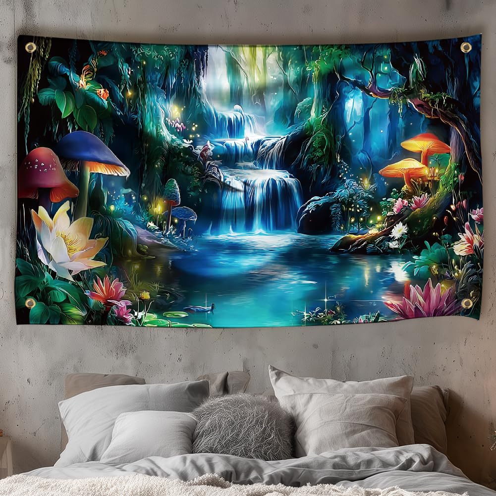 WEBEEDY Forest Waterfall Tapestry Wall Hanging Fantasy Falls Tapestry Wall Art Enchanted Forest Backdrop Aesthetics for Bedroom Living Room Party Photo College Dorm Home Decor, 180x110cm