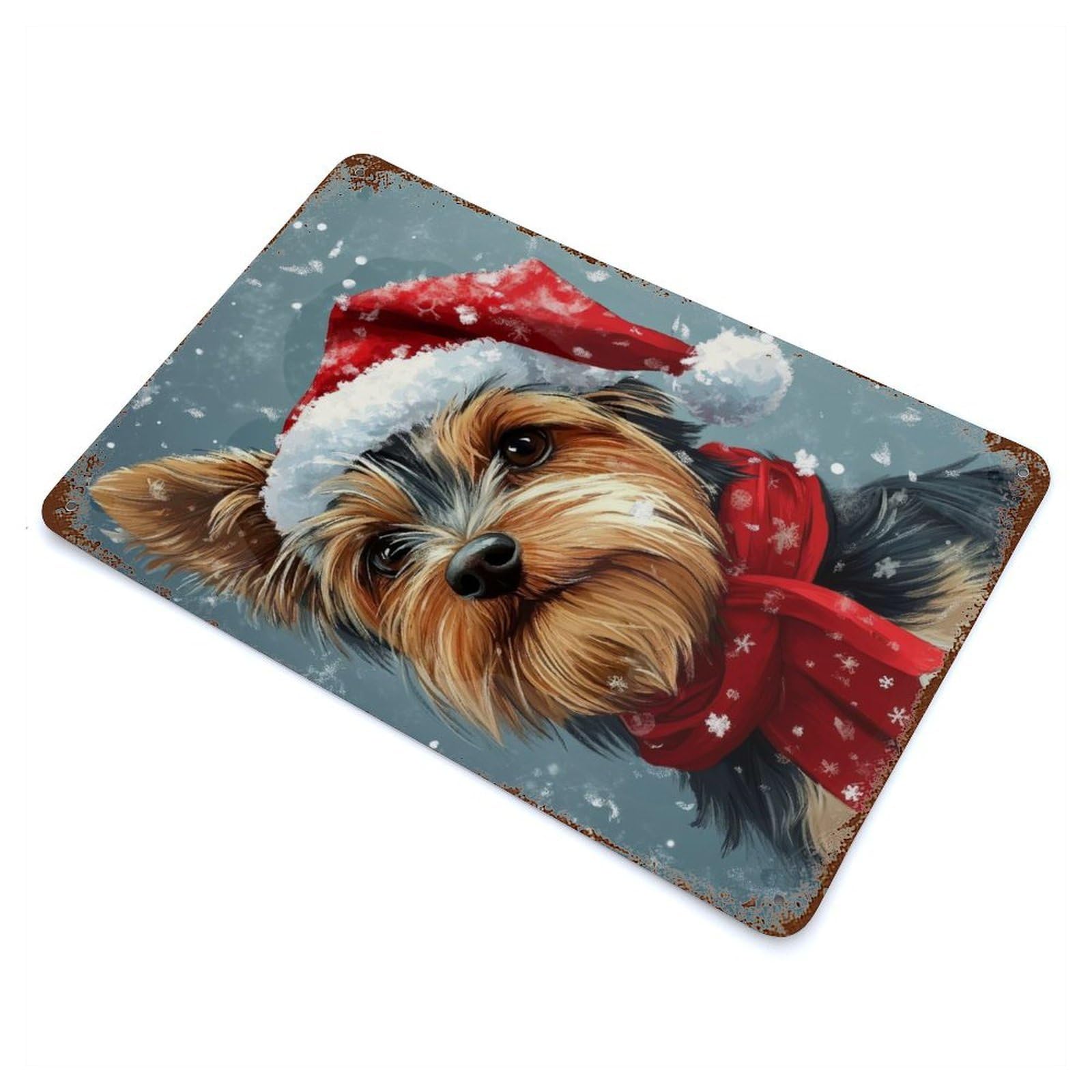 Rust Effect Yorkie Christmas Portrait Yorkshire Terrier in Santa Hat Rusty Metal Tin Sign 11.8"x7.9", Old School Wall Decor for Pub, Kitchen And Man Cave Decor
