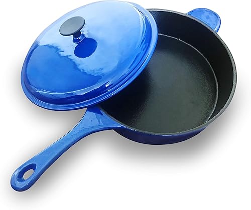 Jean-Patrique Sartén profesional de hierro fundido con tapa para saltear, color azul, mango ergonómico, 11.8 pulgadas