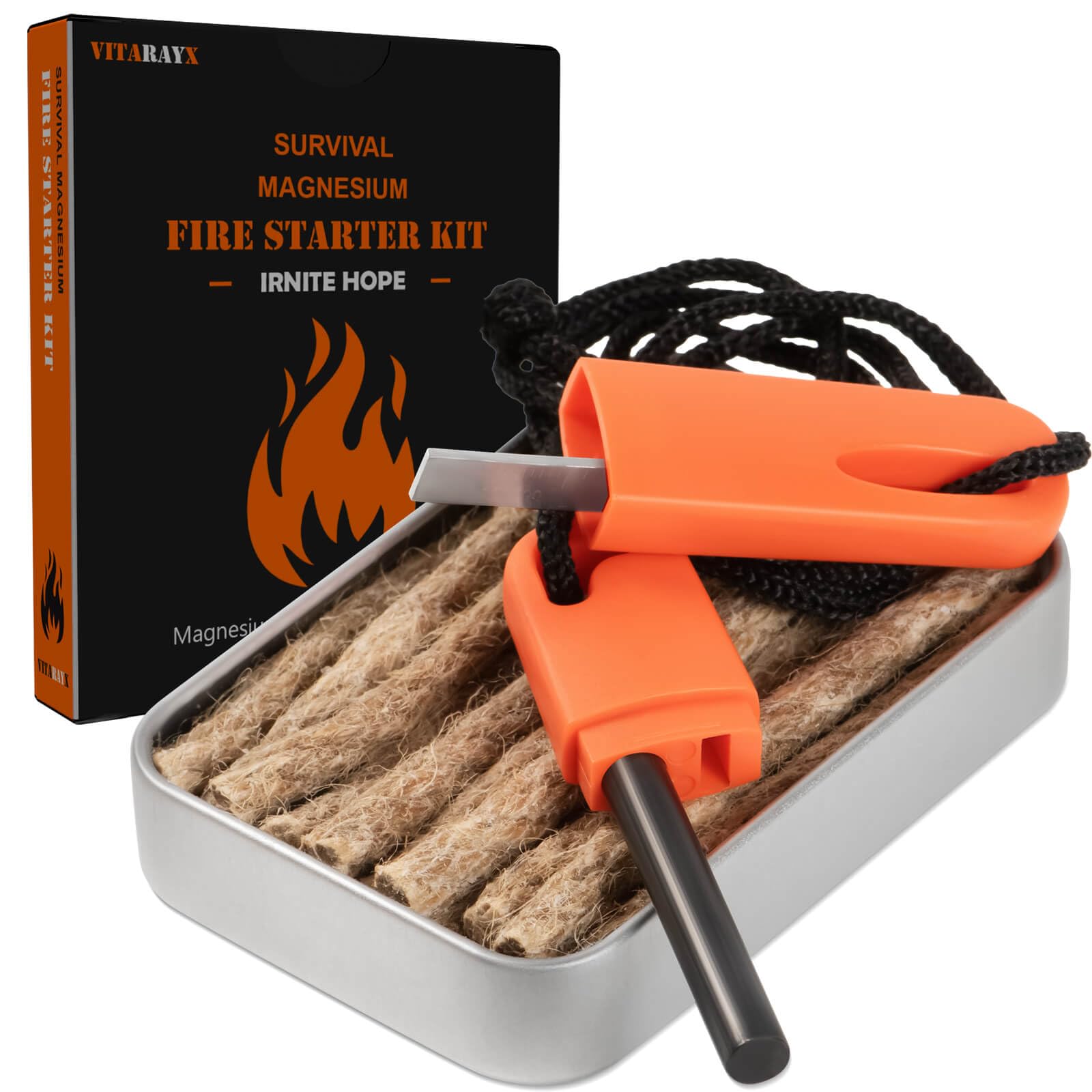 VitarayX Fire Starter Kit – Lightweight Waterproof Magnesium Ferro Rod with Tinder for Camping, Hiking, Survival – Gift for Men (Orange)