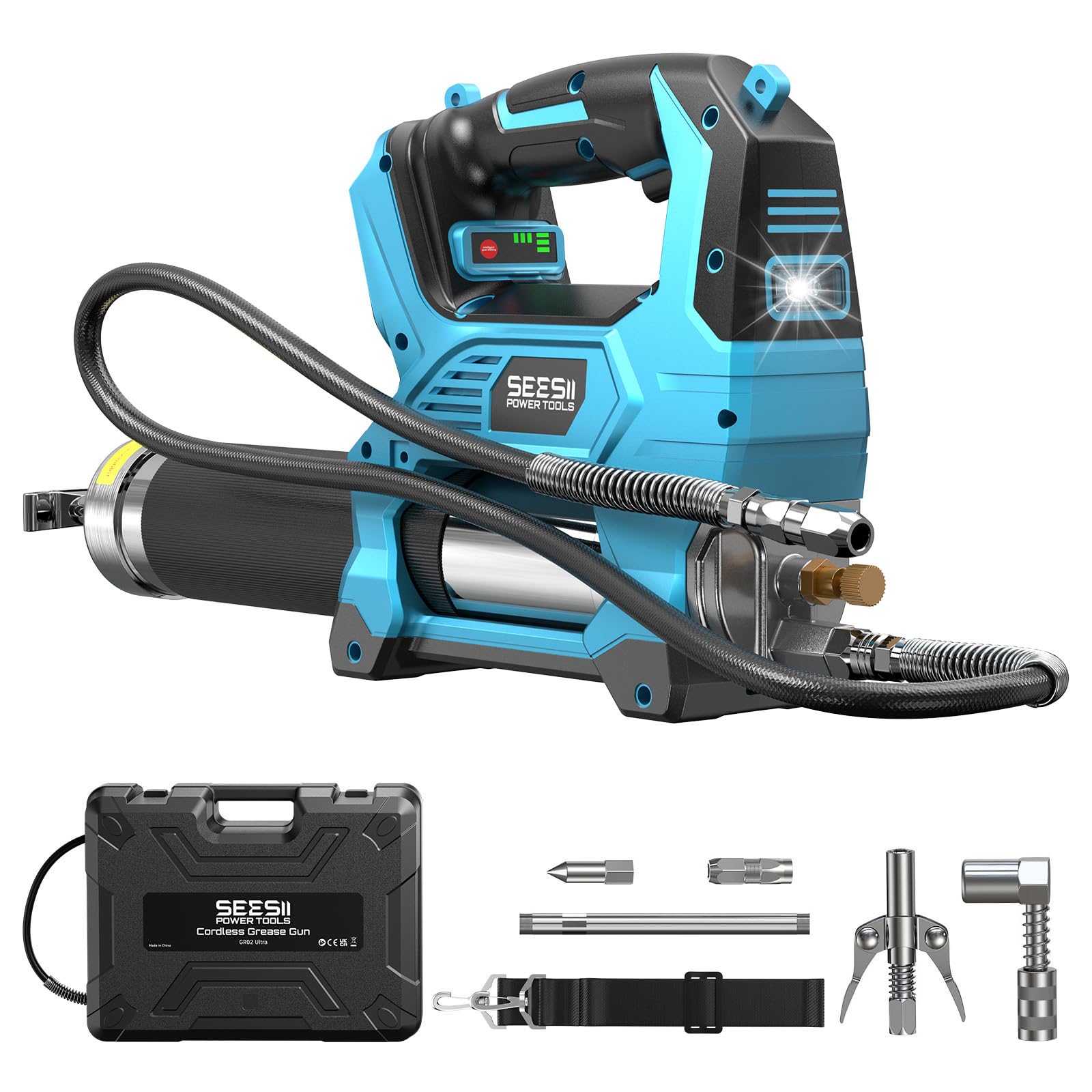 Seesii 12.000 PSI Engrasadora Batería Compatible con la batería Makita de 18 V (sin batería), 3 Velocidades, Motor Brushless, Manguera de 1.2m, Acoplador de 90° y Luz LED para Equipos Pesados