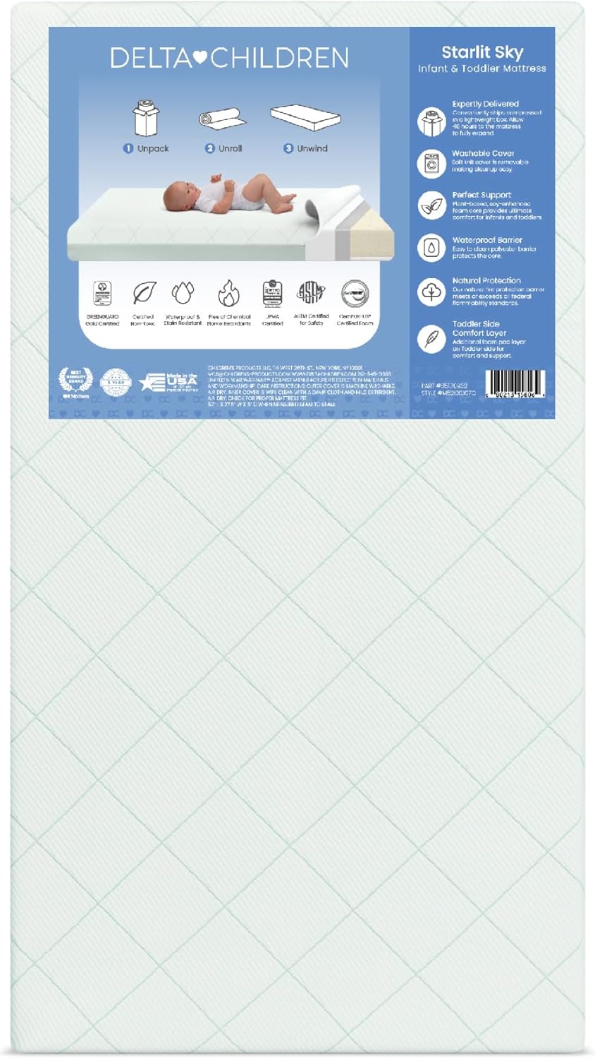 Delta Children Starlit Sky 2-Stage Crib and Toddler Mattress – GREENGUARD Gold Certified, CertiPUR-US Certified Foam, Machine Washable Cover, Waterproof Barrier, Made in USA, Green