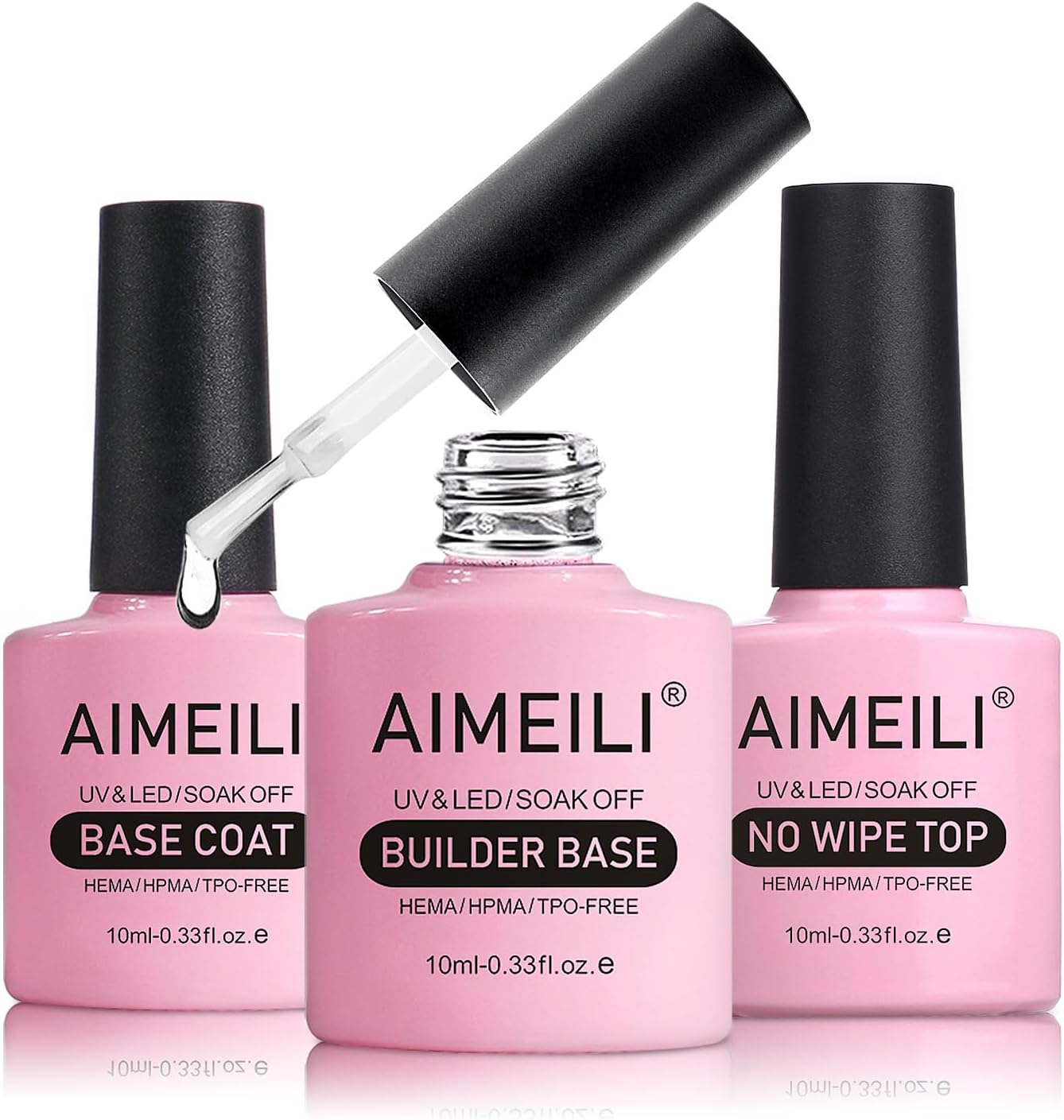 Builder Nail Gel Base Coat No Wipe Top Coat Kit Set 3 Pcs 10ML, Hema Free, Vegan, Cruelty-free Soak Off U V LED Gel Nail Polish