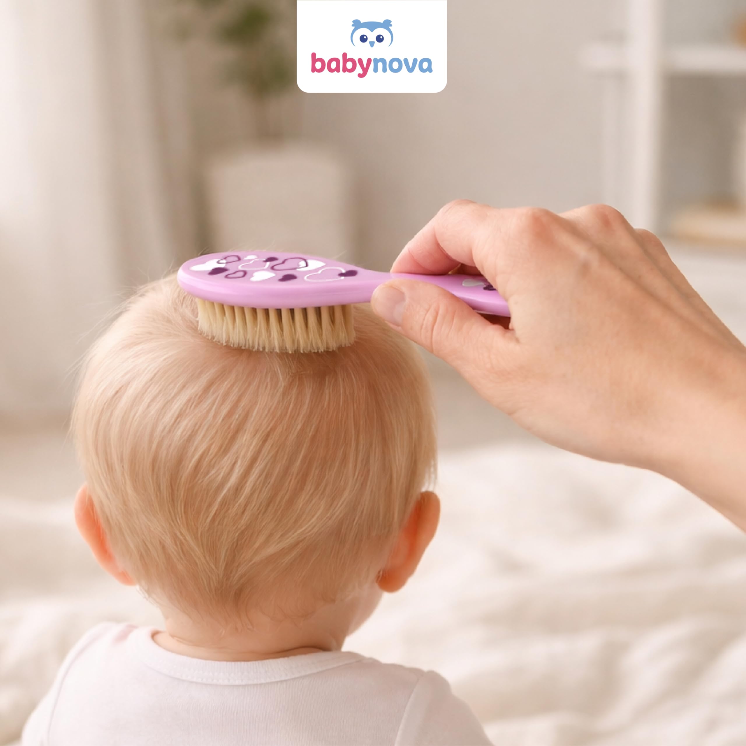 babynova Spazzola per bambini con setole naturali - Setole naturali extra morbide per la cura dei capelli di neonati e bambini piccoli - Spazzolatura delicata per cuoio capelluto sensibile - Rosa
