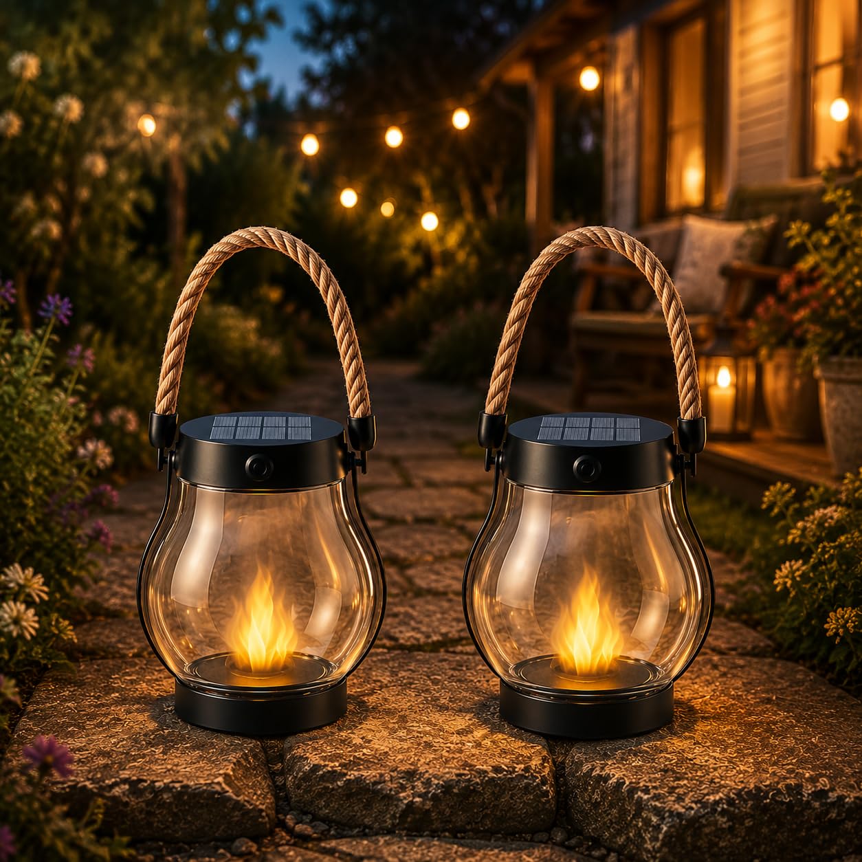Klynero Solar-Laterne Mit Flammeneffekt, Usb - Aufladung, Ip65 Wetterfeste, FüR AußEn Halloween Dekoration (2PCS)