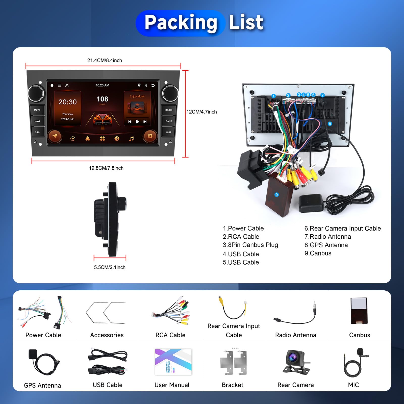 Hodozzy Carplay radio samochodowe 2 + 64G, do Opel Astra Antara, Vectra Corsa Zafira Meriva Vivaro Combo, 7-calowy samochód stereo Bluetooth z systemem Android Auto/WiFi/GPS/RDS/FM/USB + kamera
