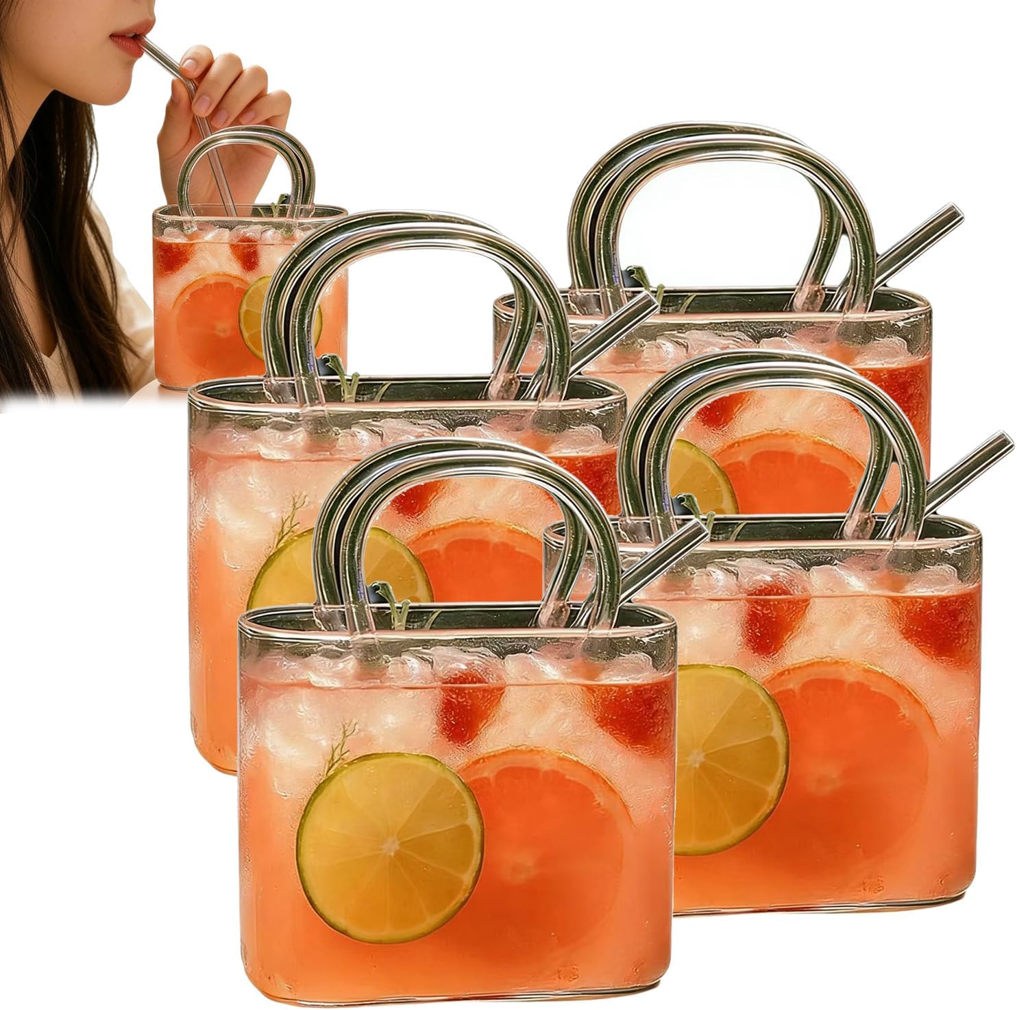 Glass Purse for Drinks, Purse Drinking Glass, 26 oz Unique Wine Glasses with Straw, 2026 New Handbag-Shaped Glass Cups for Fruit Juice, Tea, Flowers (4pcs)