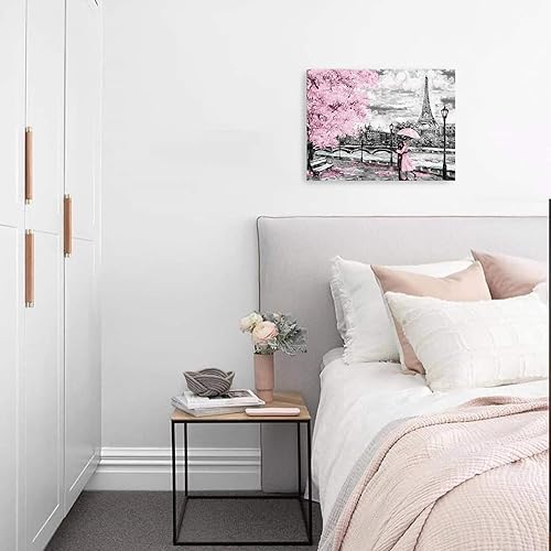 Miniatura 7 de Pintura decorativa romántica con temática de torre del río Sena de París, pintura al óleo de árbol de cerezo rosa, decoración de baño, dormitorio,