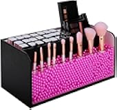 JackCubeDesign Makeup Organizer with Pink Pearls, Black Cosmetic Storage Case Box with Brush Holder, Large Capacity with 3 Compartments (Black, 11.8 x 4.9 x 5.3 inches)-:MK284A