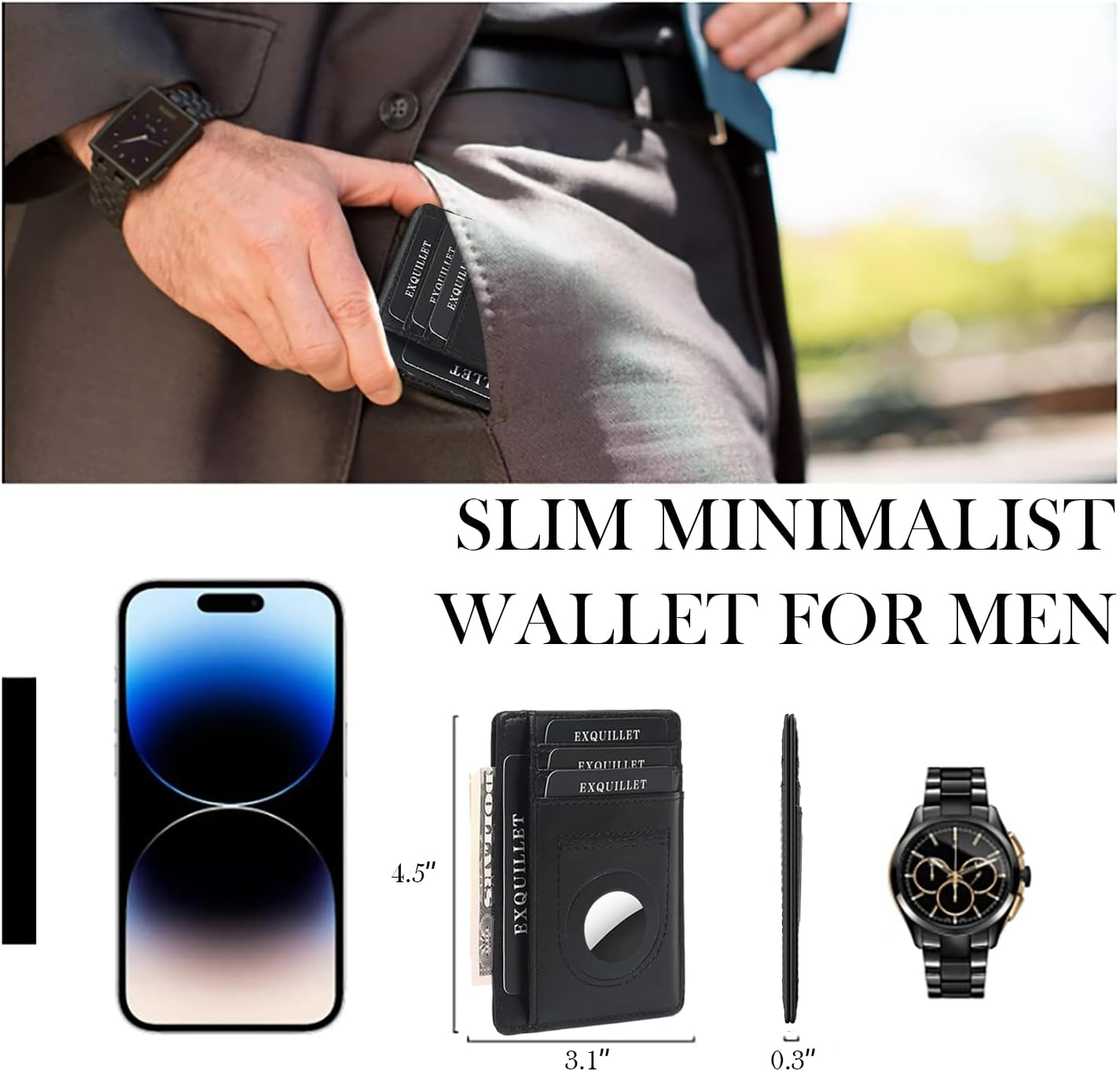 Mens Airtag Wallet,Slim Bifold Leather Wallet for Apple Air Tag,RFID Blocking Cash Credit Card Wallet with ID Window,Card Slots,Money Clip (Minimalist) - Image 3