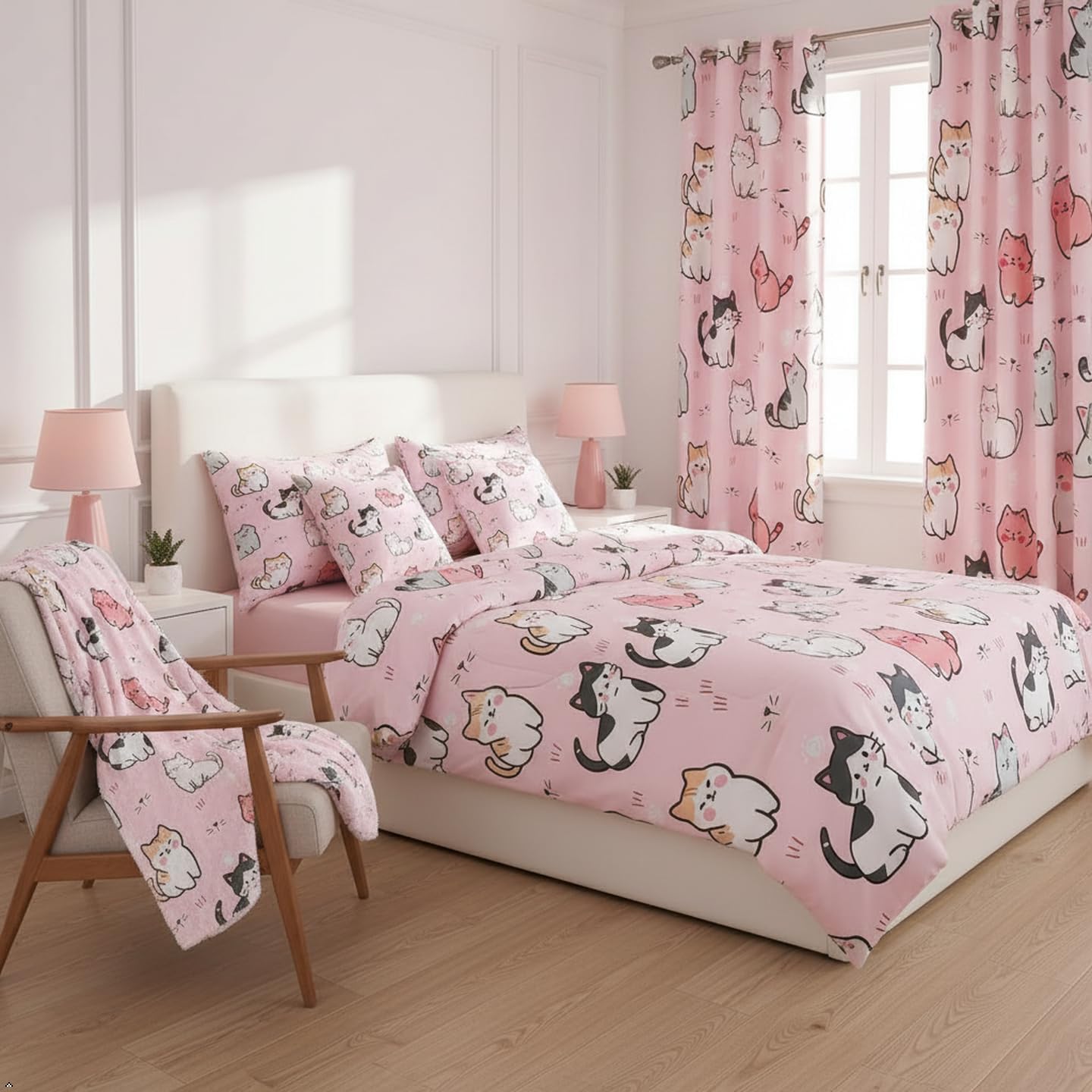 Erosebridal Pink Cat Bedroom Decor - 2 Panels Curtain Drapes 38" W x 54" L, Full Size 7Pcs Comforter Sets with Sheets, 1 Baby Blanket