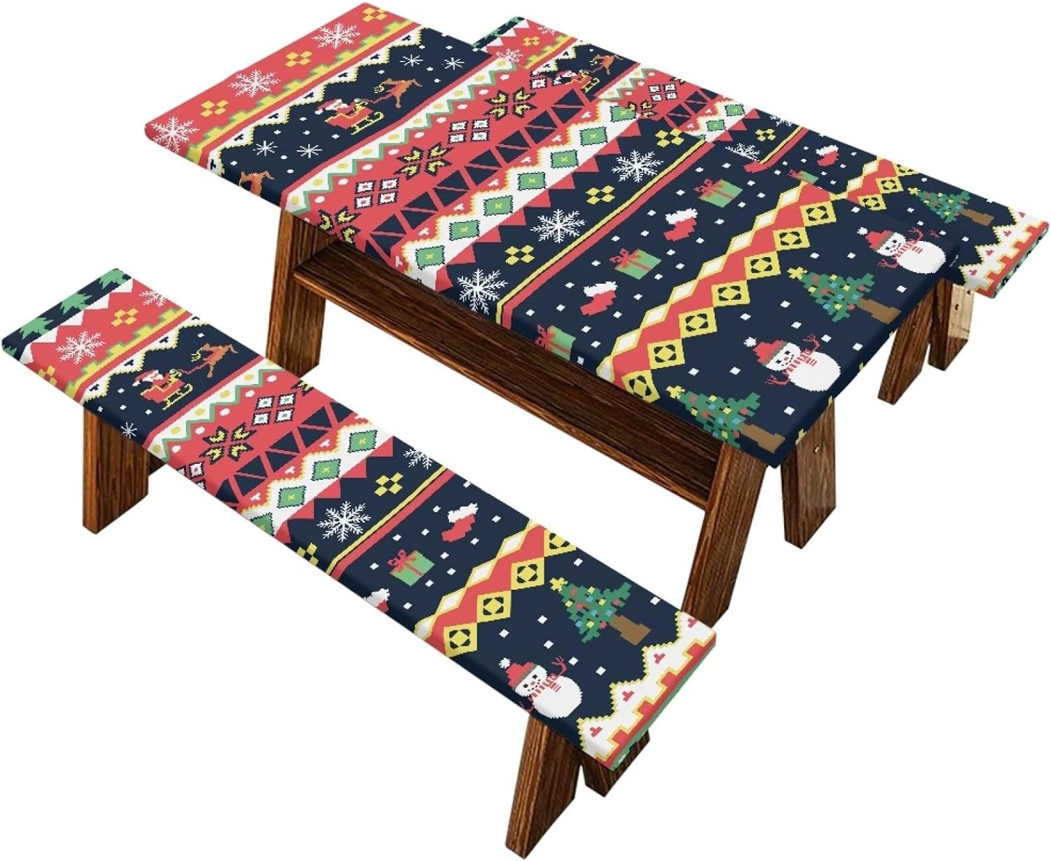 Christmas Stripe Picnic Outdoor Tablecloth with Bench Covers Water-Resistant Garden Bench Tablecloth Long Chair Covers Sets Picnic Table Cover Camping Essentials 3 PCS Xmas Decor