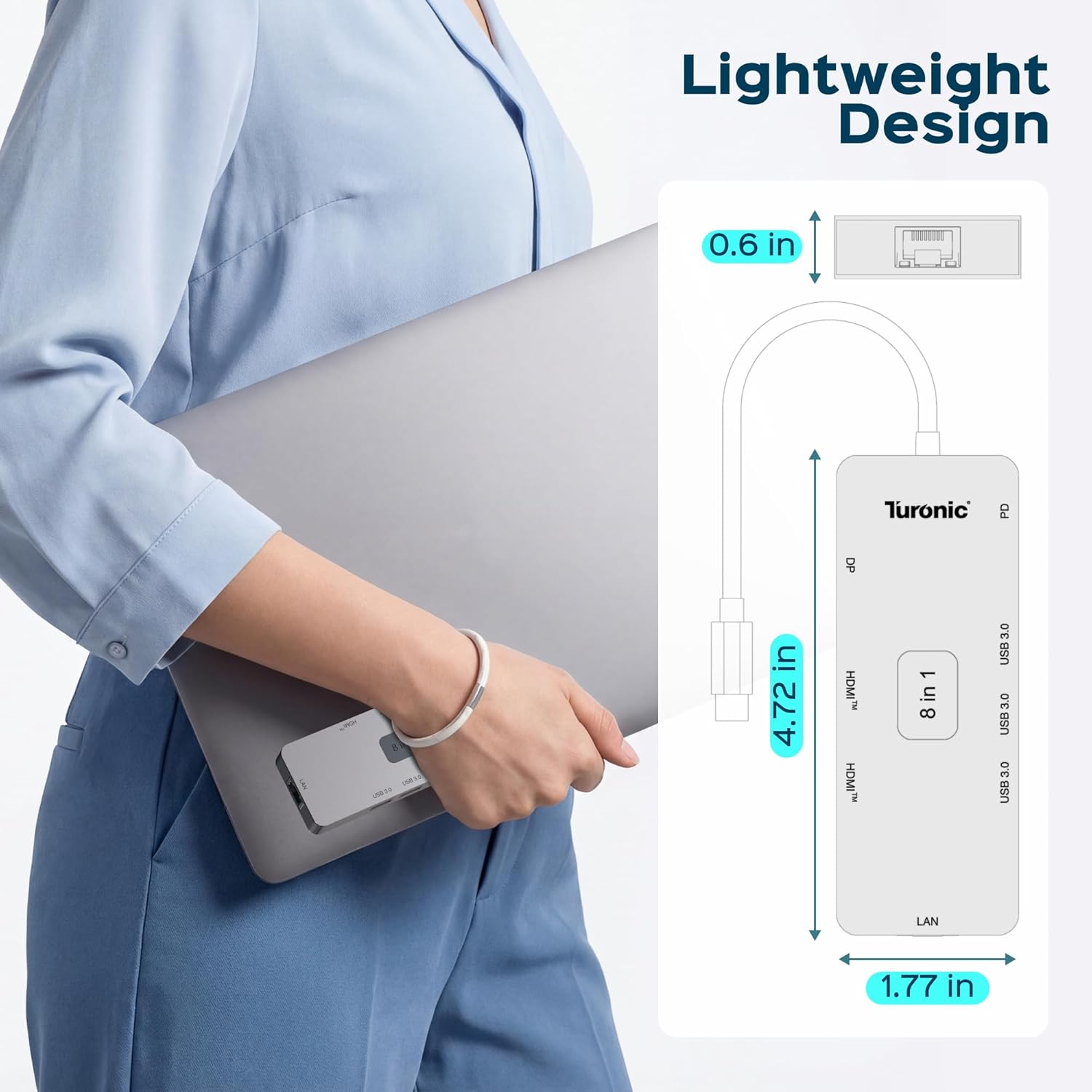 Turonic BYL-2401 Universal Docking Station 8-in-1 USB-C Hub with Dual HDMI 4K@60Hz, DP 1.2, 100W PD Charging, Gigabit Ethernet, 3 USB-A 5Gbps, Aluminum Housing