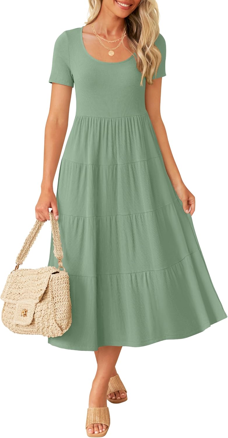 ZESICA Women's 2024 Summer Casual T Shirt Dress Short Sleeve Scoop Neck Flowy Tiered Beach Midi Dresses with Pockets