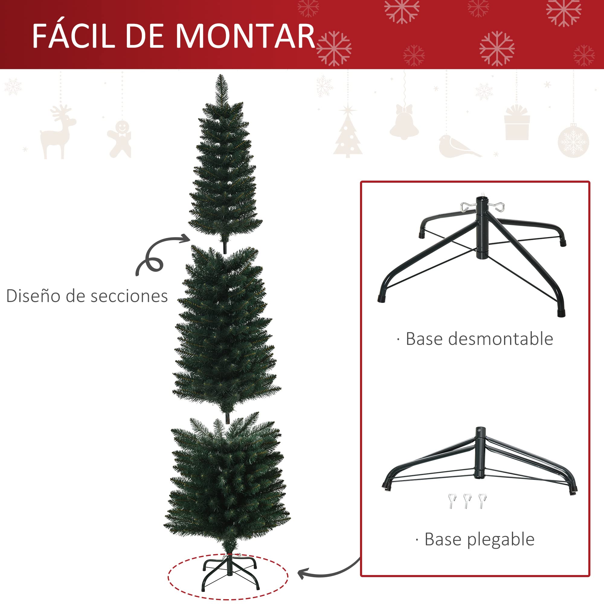 HOMCOM Árbol de Navidad Estrecho 180 cm, Árbol de Navidad Artificial con 380 Ramas, Base Plegable y Soporte Metálico, Fácil Montaje, para Salón, Interior, Verde