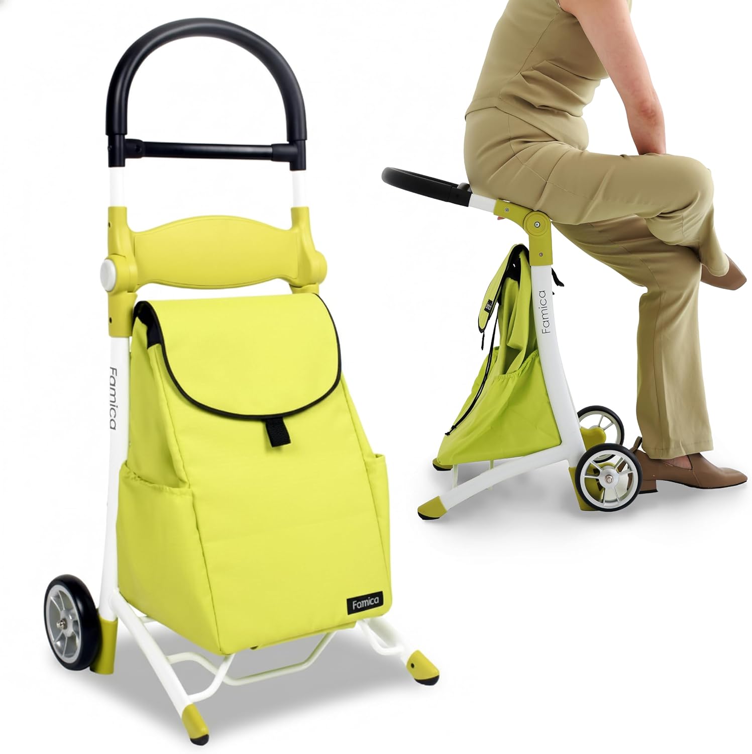 2-in-1 Portable Shopping Cart with Seat, Lime Green, Extra Large Wheels, Foldable Design, Red Dot Award Winner, 20L Water-Resistant Detachable Bag