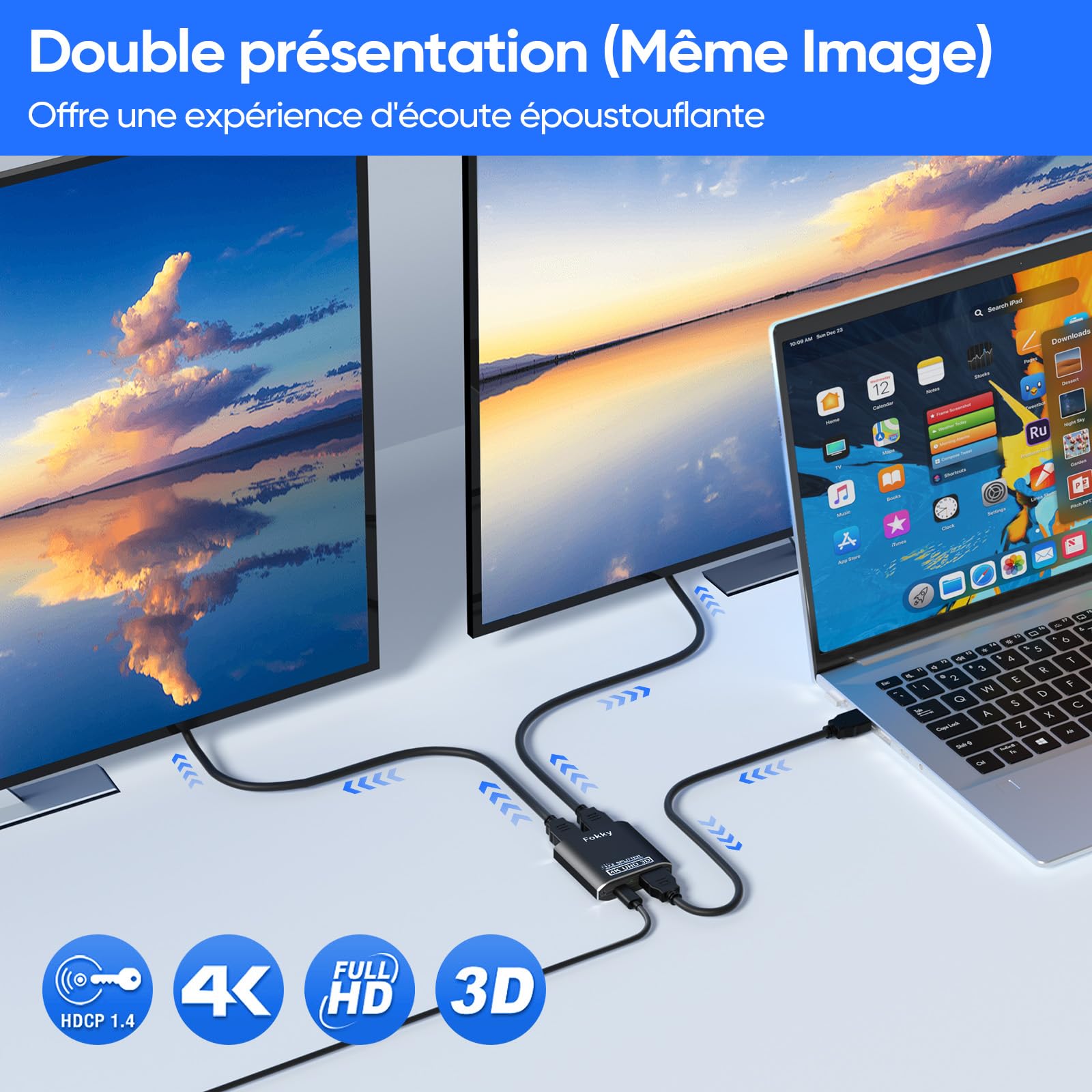 Splitter HDMI 4K, HDMI Switch Aluminium Répartiteur HDMI 1 Entrée 2 Sorties Affichage Simultané, 4K@30HZ 3D UHD 1080P, pour Xbox PS3 PS4 Lecteur Roku Blu-Ray HDTV Apple TV et Plus Appareil