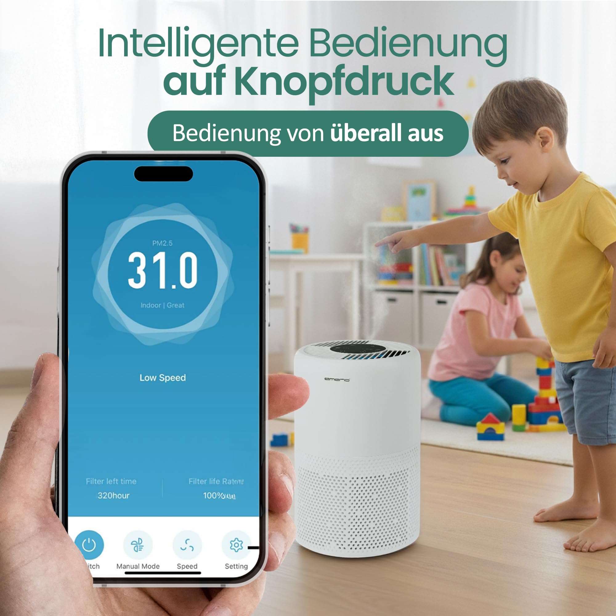 EMERIO Purificatore d'aria con filtro HEPA 13 (potenza del filtro al 99,97%) contro muffa, polvere, polline e odori | WLAN: Smart Life, funzione ionica e timer, adatto per ambienti fino a 25 m² |