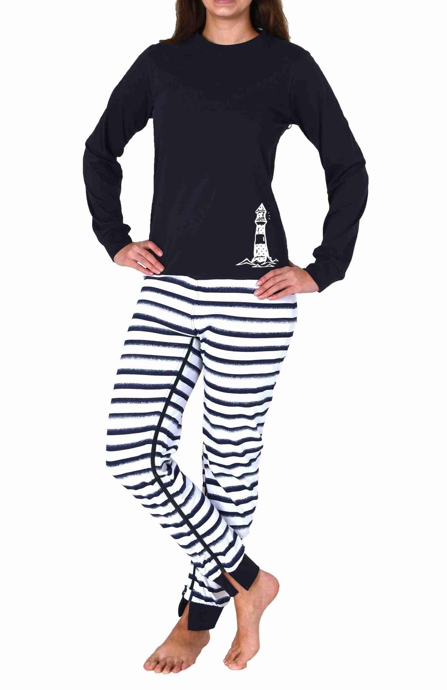Normann Care Maritimer Damen Pflegeoverall Langarm Schlafanzug mit Reissverschluss am Rücken und Bein