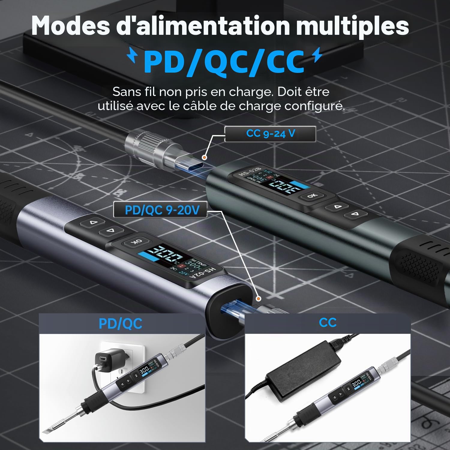 FNIRSI HS-02A Kit de fer à souder portable 100 W 100-450 ℃ 3 groupes de température préréglés, 3 pointes de soudure, outil numérique intelligent pour réparation de précision