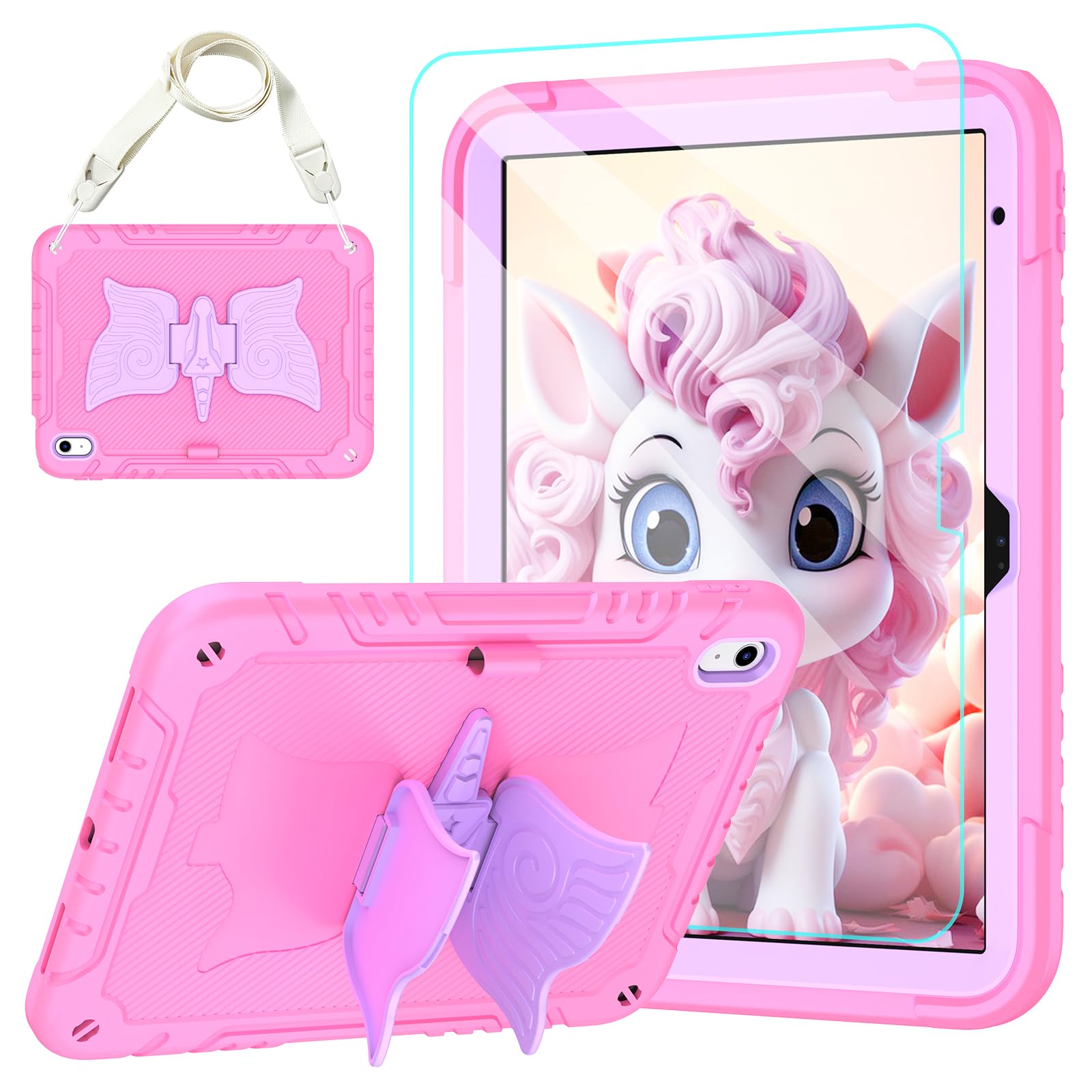 for iPad (A16) 11th Generation 11 Inch 2025/iPad 10th Generation Case 10.9 Inch 2022 with Tempered Glass Screen Protector,Unicorn Stand,Shoulder Strap,for iPad 10 Case Kids Girls (Pink)