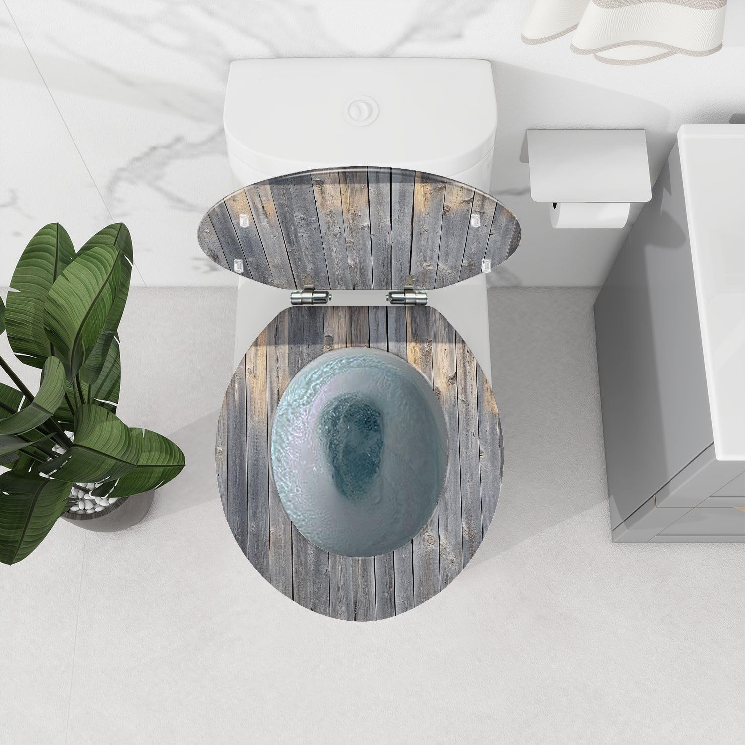 Sedile WC Rotondo In Resina, Effetto Parete Grigio Effetto Legno, Chiusura Ammortizzata, Cerniere A Sgancio Rapido, Decorativo con Copriwater, Facile Da Installare.