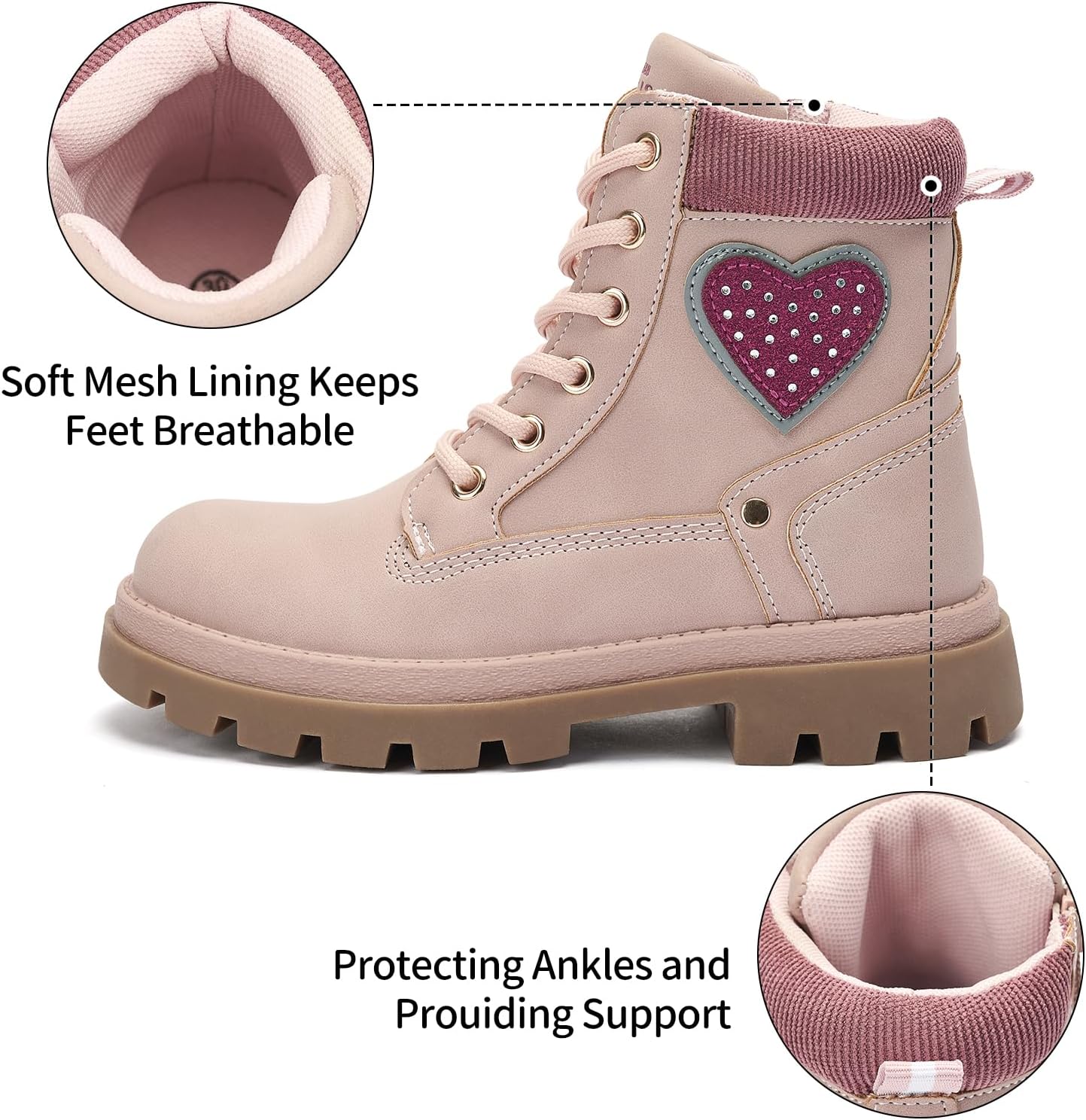 TZJS Girls Boots,Girl Zipper Lace Up Outdoor Water Resistant Comfort Work Boots Kids Fashion Booties for Little Kid