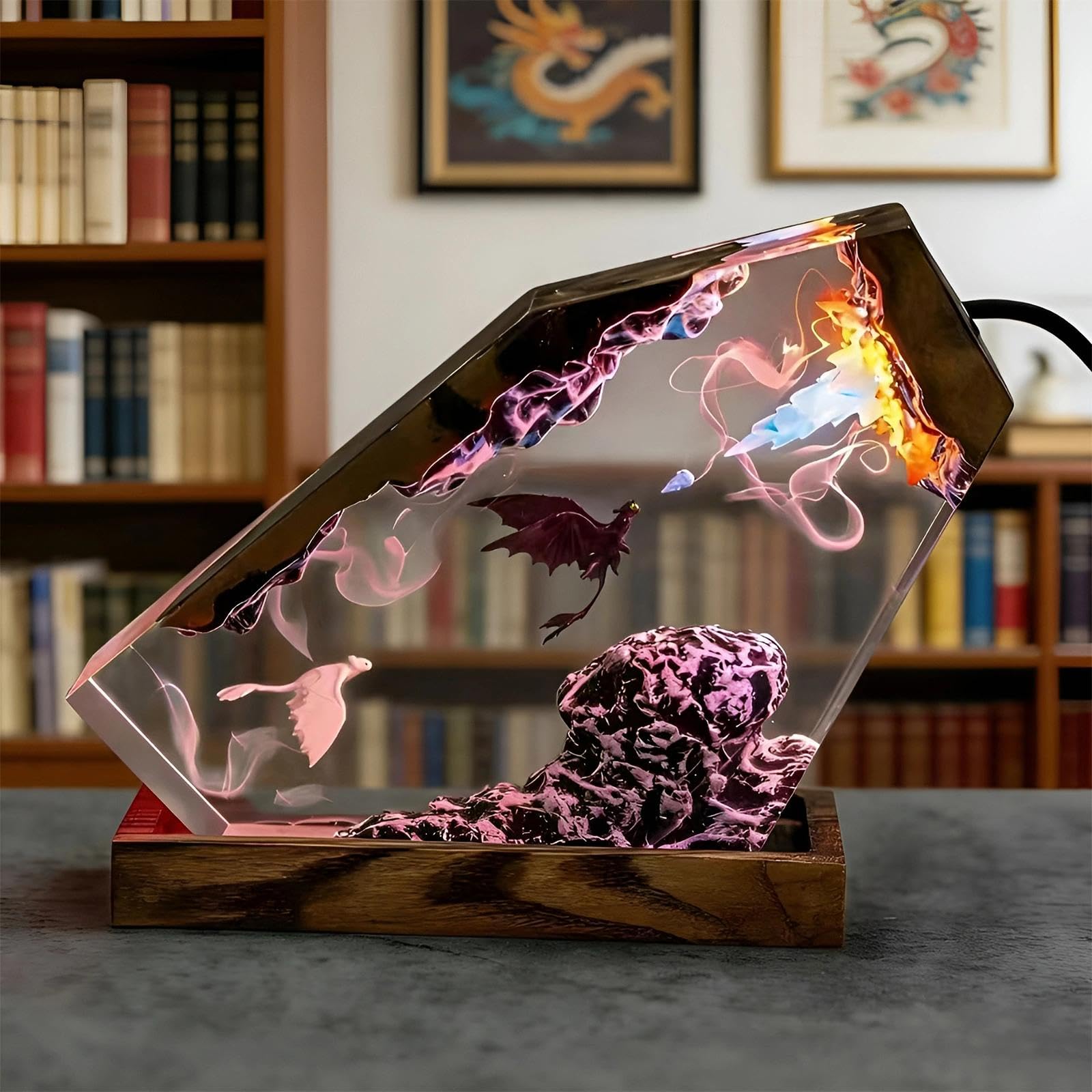 Luz nocturna de resina epoxi 3D,Actualización de estatua de dinosaurio Artículos de película Adornos con base de madera,Lámpara de noche con cable USB y lámpara nocturna multicolor remota de 16