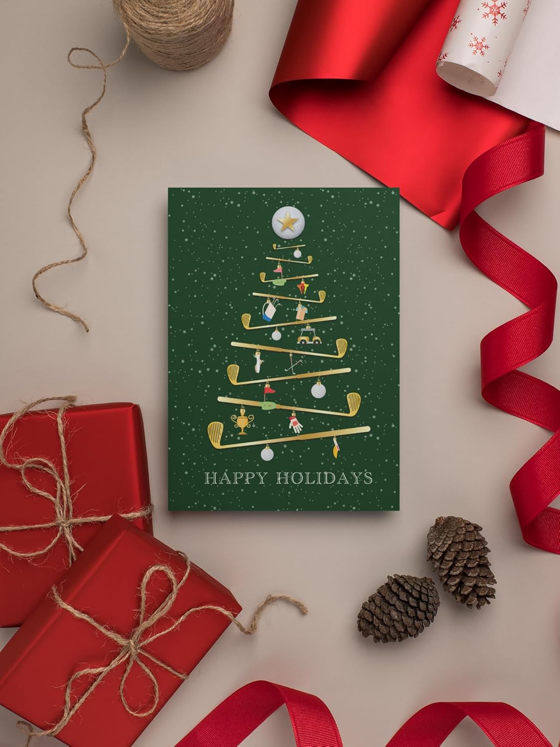 Stonehouse Collection Custom Golf Christmas Tree Card, Personalized Modern Tree Decorated with Golf Ornaments, Happy Holidays, Blank Inside, 24 Cards and Envelope – Made in the USA (Personalized)