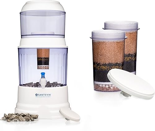 Santevia Sistema de agua por gravedad + prefiltro de cerámica y filtro de repuesto de fluoruro y cloro (paquete de 2)  Sistema de agua alcalina