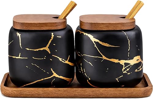 2 juegos de tarros de cerámica de mármol para condimentos, azucarero de cerámica con tapas, bandeja y cucharas (negro)