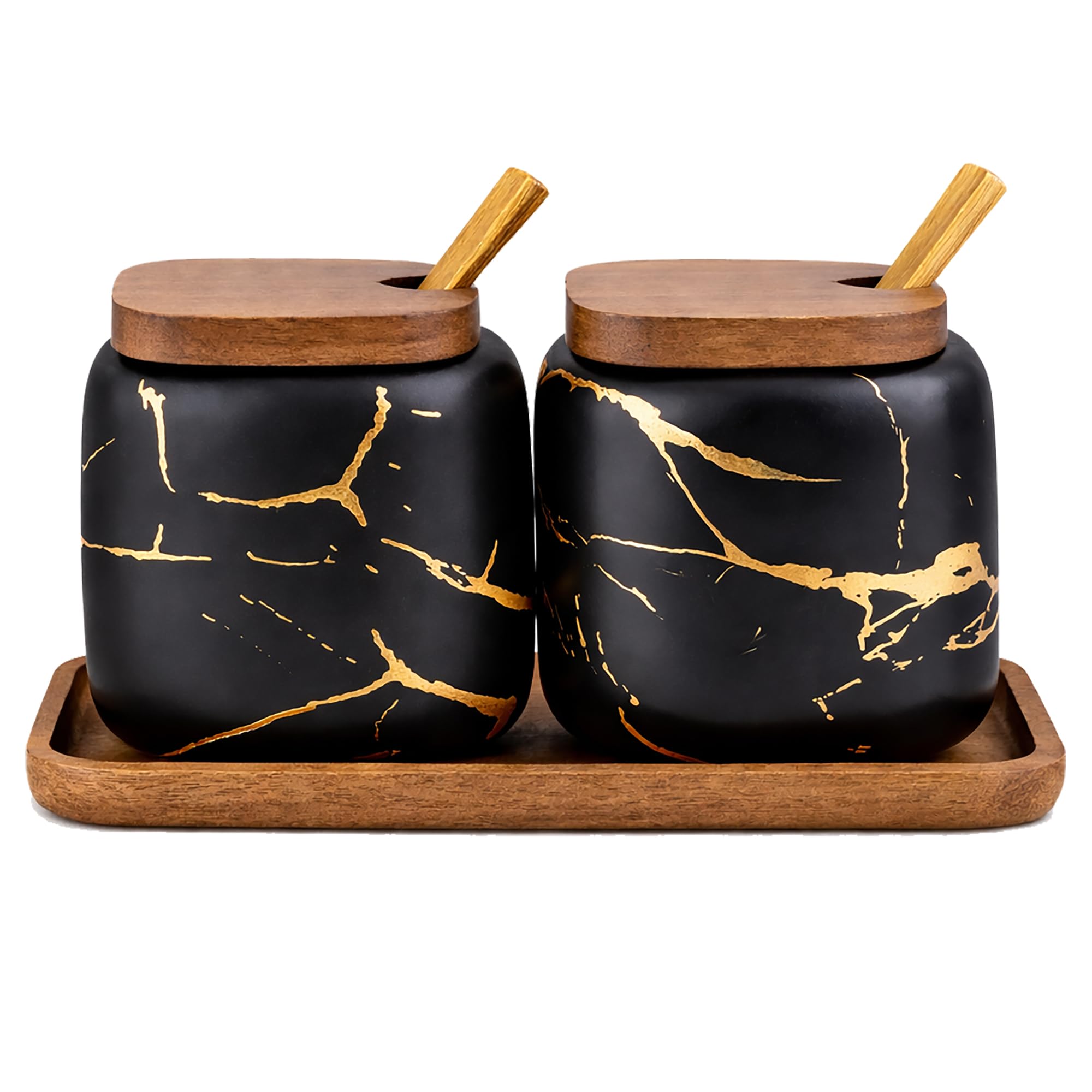 KIDYBELL 2 Sets of Marble Ceramic Seasoning Jars Ceramic Sugar Bowl with Lids，Tray and Spoons (black) …