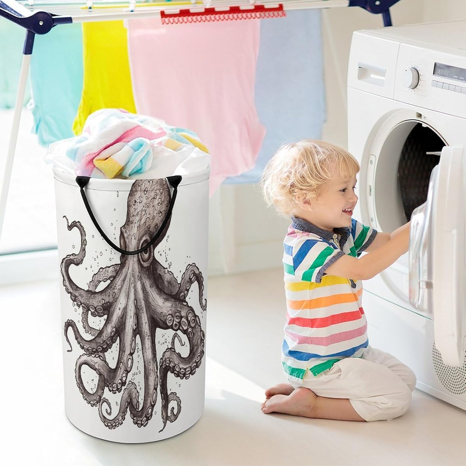 Octopus Laundry Hamper Large Collapsible Laundry Basket with Handles Waterproof Clothes Hamper Portable Dirty Clothes Basket for Bedroom Laundry Room Closet Bathroom