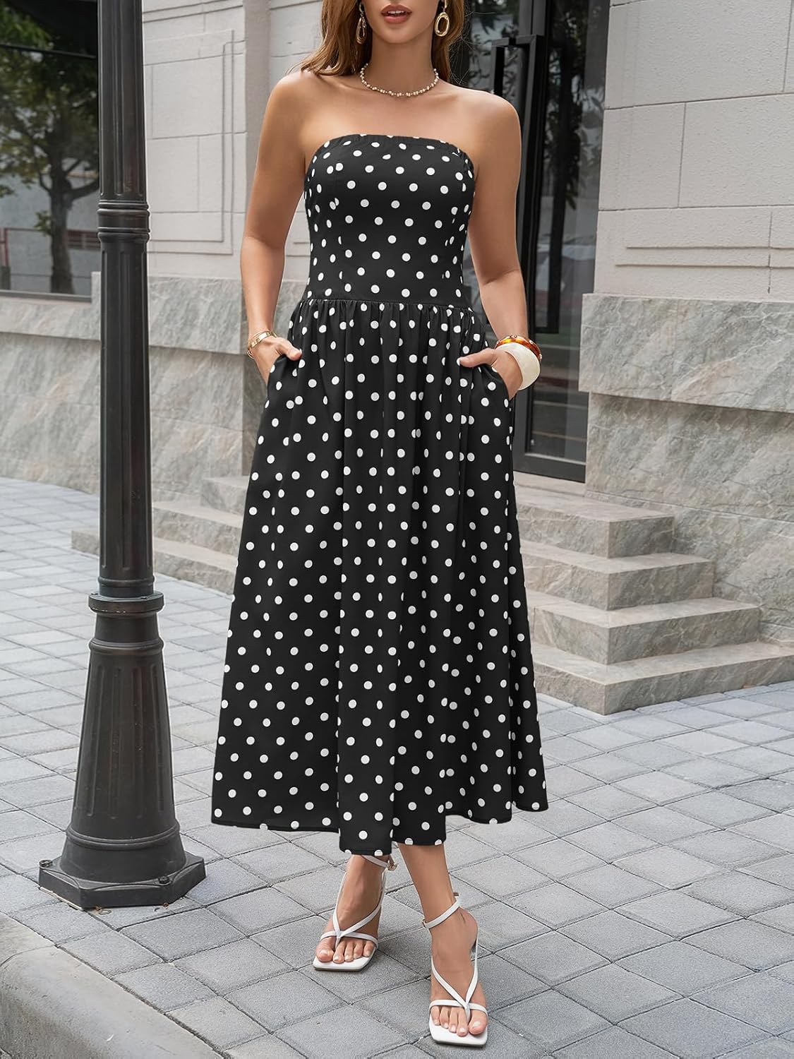 Wenrine Womens Polka Dot Strapless Dress Summer Smocked Tube Top Casual Sleeveless Swing Flowy Maxi Dresses with Pockets - Image 2