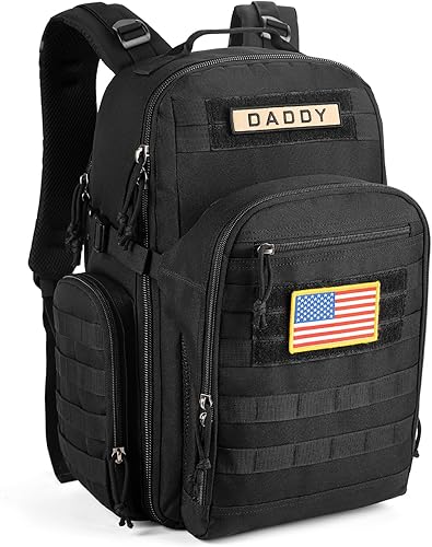 SHARKMOUTH Mochila para pañales para papá, mochilas militares para bebé, con parches para papá, color negro