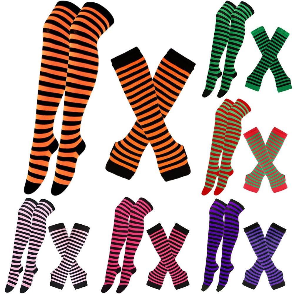 Striped Overknee Socks and Fingerless Gloves Set for Women Girls Long Stockings, Arm Warmers for Cosplay Striped Knee Socks - Image 4