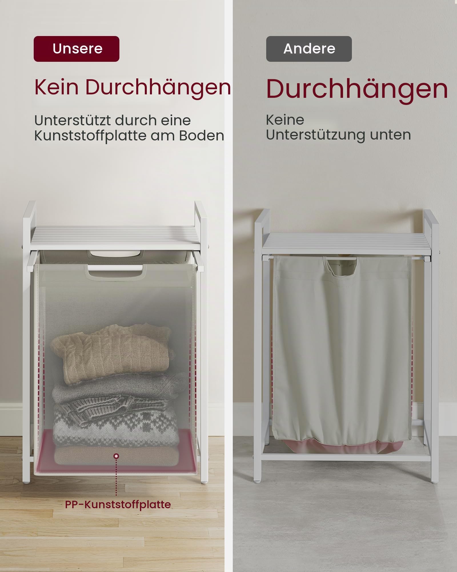 VASAGLE Wäschesammler, Wäschekorb, Wäschesortierer mit einem ausziehbaren und abnehmbaren Beutel, Regal, Metallrahmen, 17,2 Gallonen (65 L), 19,7 x 13 x 28,4 Zoll, Weiß UBLH101W01 | Wäschekorb, Wäschesortierer, 1 Abschnitt, Metallrahmen, Cremeweiß und Wol