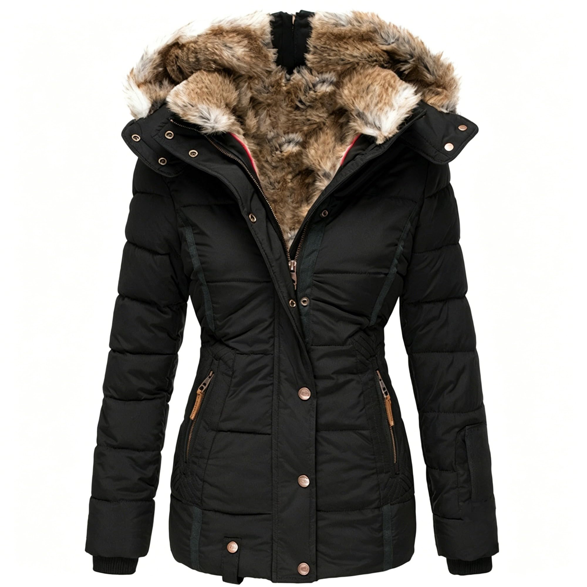 Piumino da donna con cappuccio in pelliccia, spesso, caldo, con cerniera, a maniche lunghe, slim fit, trapuntato, parka con tasca