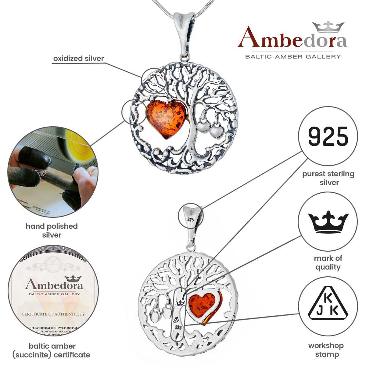 Collar de Mujer de Plata Estelina Oxidada, Corazón de Ámbar Báltico, Colgante Árbol de la Vida Celta con Corazón de Ámbar en Cadena