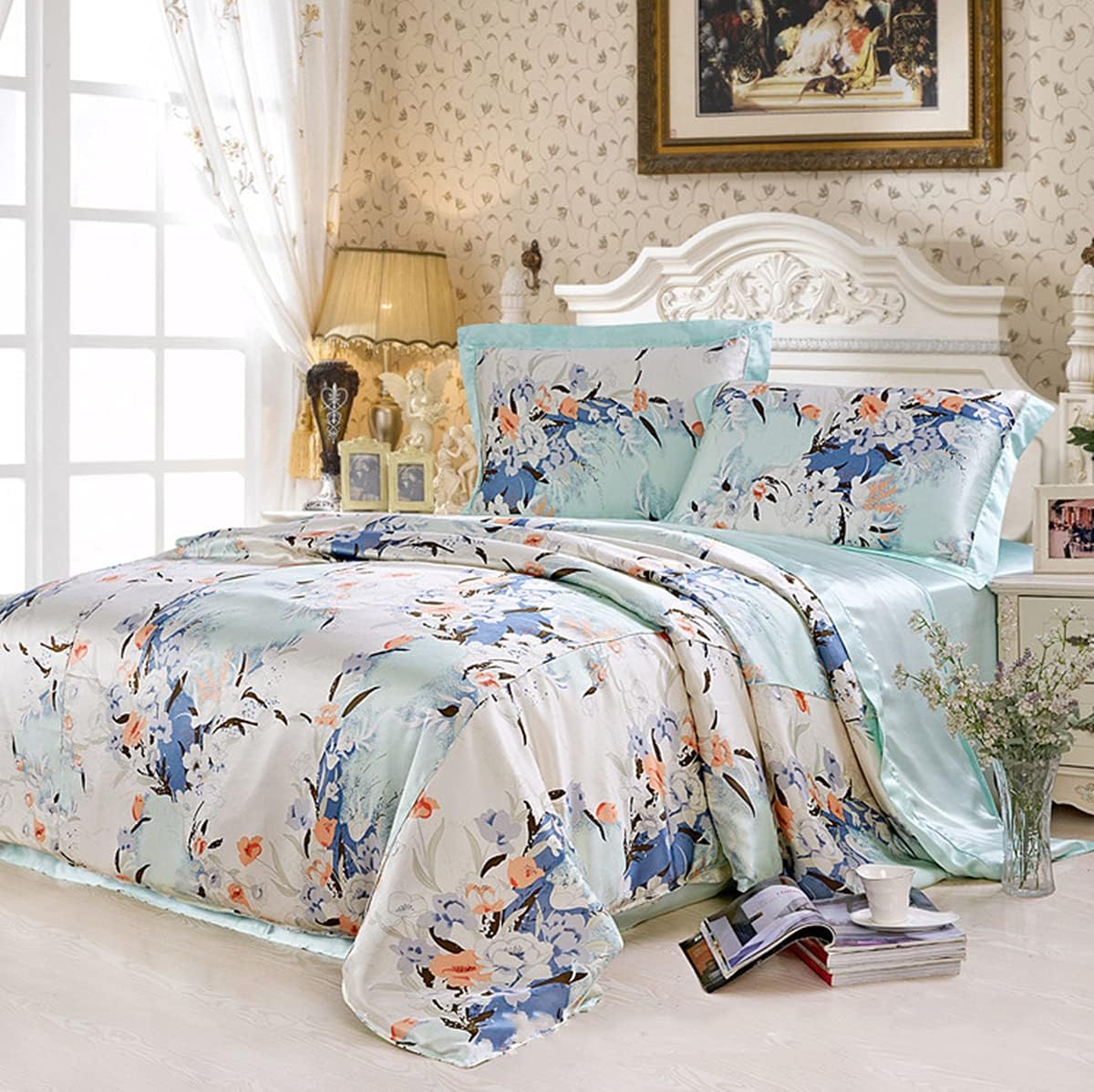 Maxfeel Silk 1pc Silk Duvet Cover, Quilt Cover, Comforter Cover, 100% Floral Print Mulberry Silk,Charmuse Silk, Multiclolr Queen Cal.King Full King Twin (King, #11)