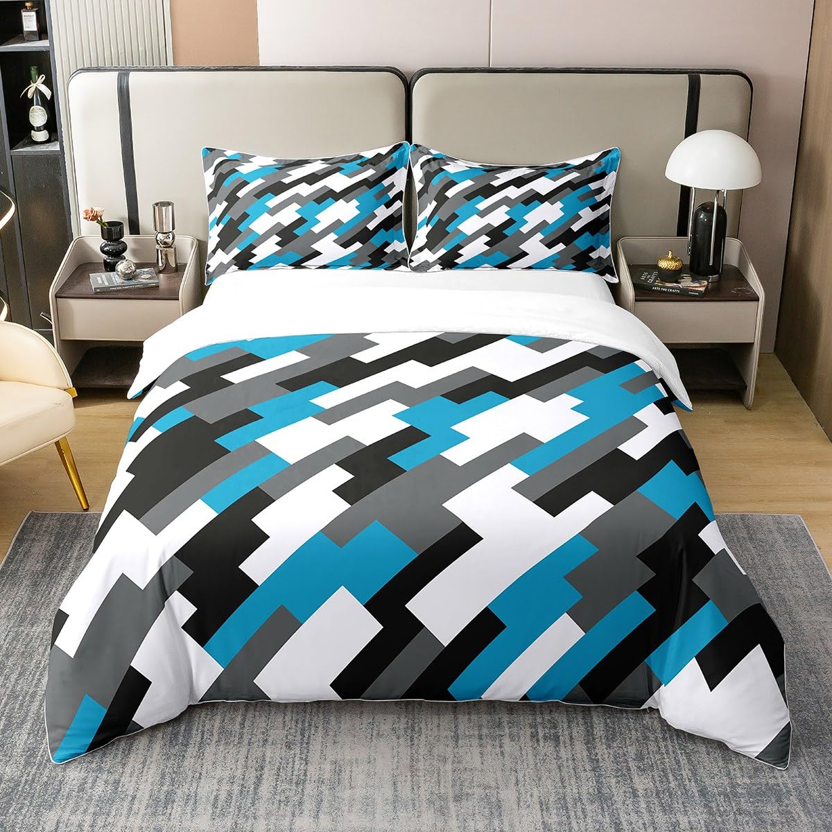 Modern Patchwork Grid 100% Cotton Duvet Cover Super King Size 3 Pcs Blue Black Gray White Stripes Bedding Set for Kids Teens Adults Geometric Plaid Simple Fashion Comforter Cover with 2 Pillowcases