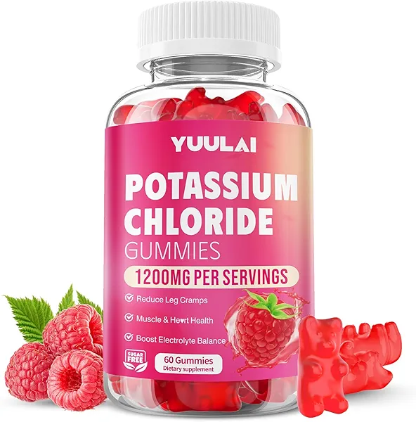 Potassium Gummies, Potassium Chloride Gummies 1200mg for Adults, Sugar-Free Potassium Supplement Support Leg Cramps & Electrolyte Balance, Raspberry Flavor, 60 Count