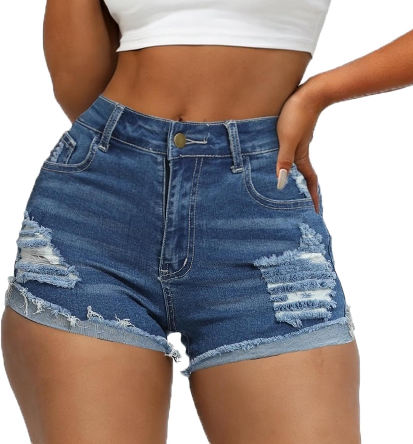 Syydn Women Mid Rise Stretchy Denim Shorts Ripped Hem Folded Frayed Distressed Short Jeans