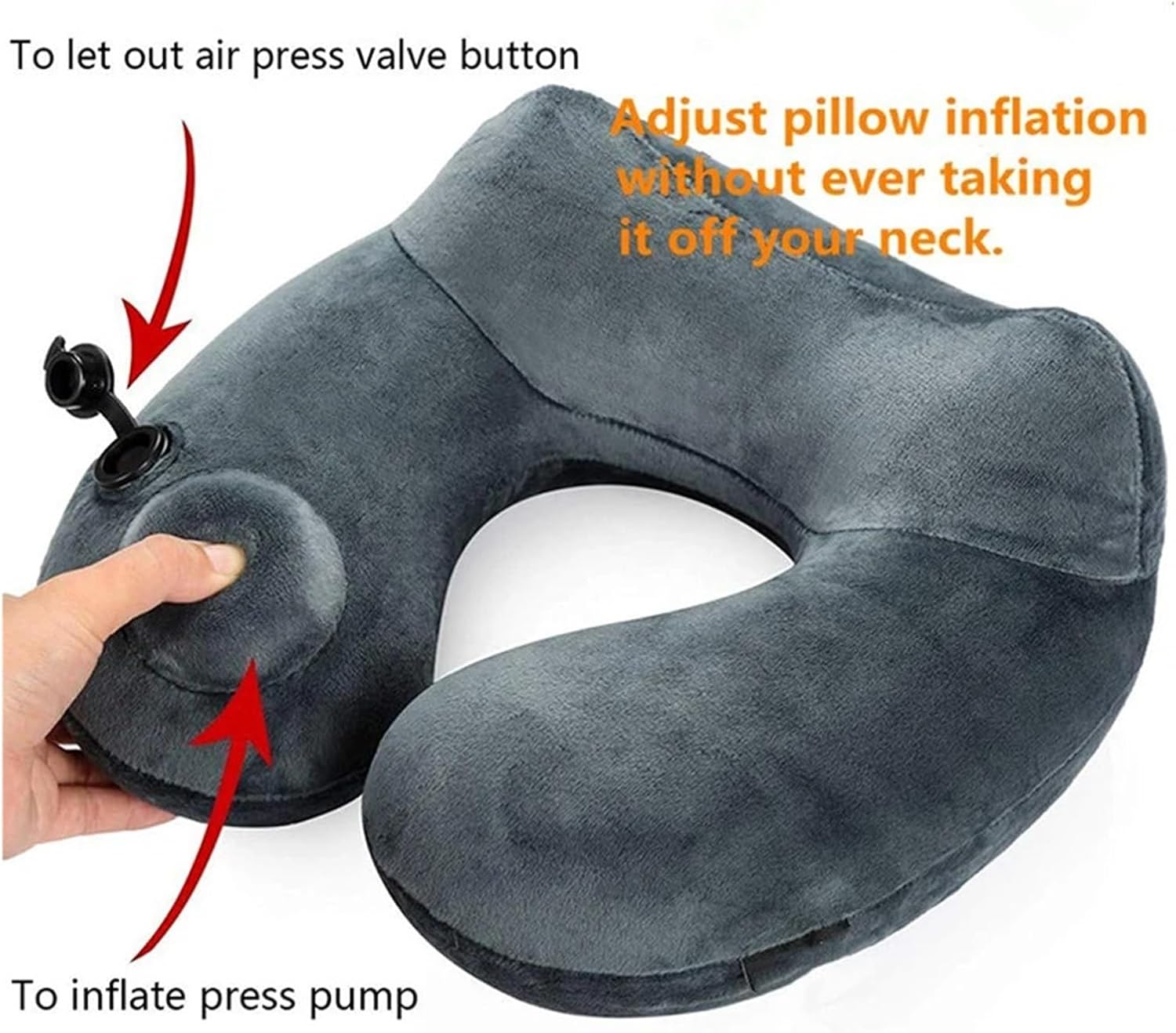 Travel Inflatable Pillow Soft Neck Support Lightweight Ergonomic Sleeping On Planes, Cars and Trains Storage Bag Included